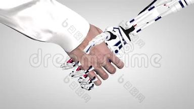 商人与人工<strong>智能</strong>机器人握手。 用机器人<strong>手臂</strong>握手。 人与人沟通